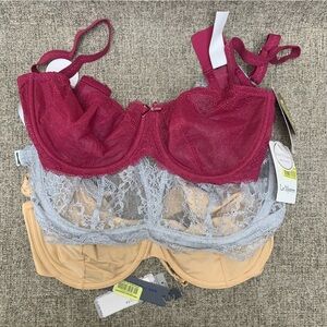 NWT Lace Bra Silver Purple Beige lot of 3 32DD‎ Sheer Opaque